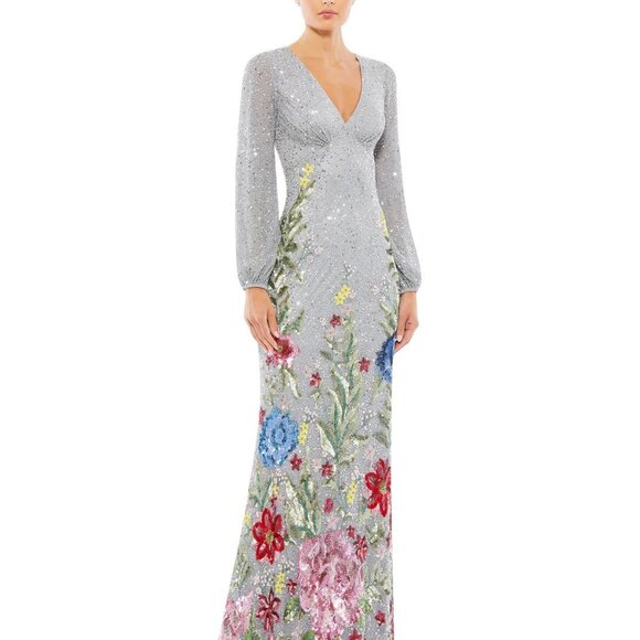 Mac Duggal Dresses & Skirts - Mac Duggal Size 4 Gray 5542 Floral Sequin Beaded Maxi Formal Gown Dress